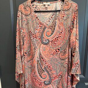 Roz & Ali Women 1X Orange/Green/Black Mixed Pattern Long Sleeve w/Flowing Sleeve